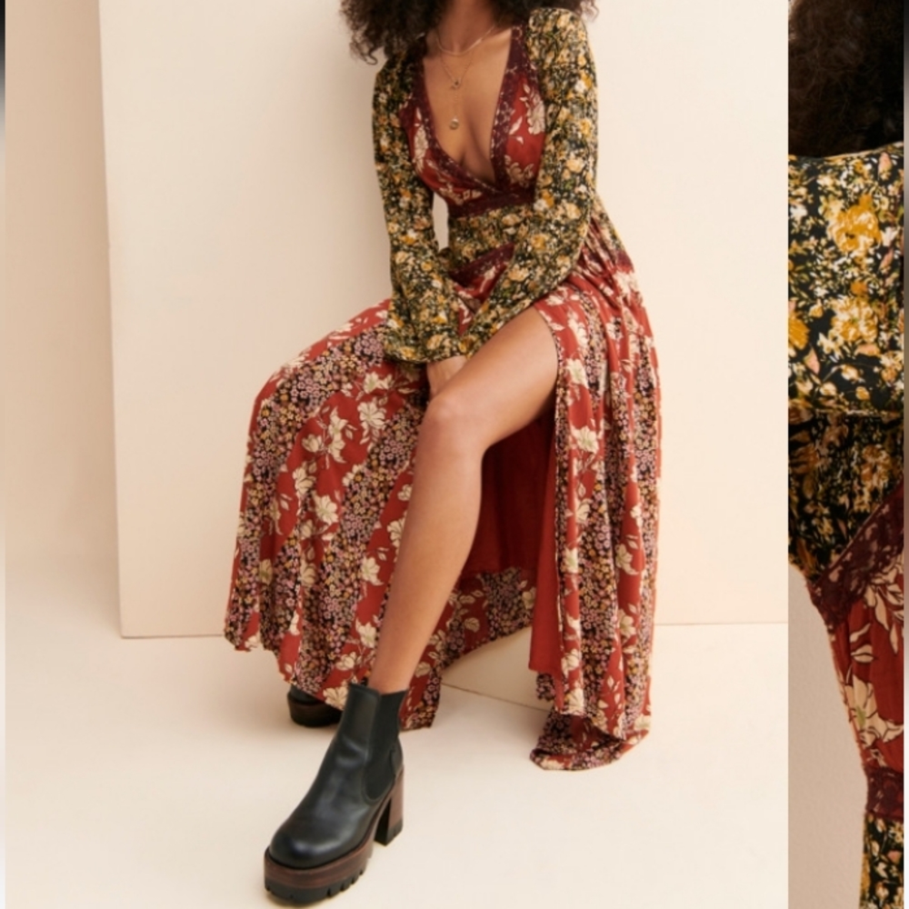 Free People Floral Maxi Dress in Red and Yellow
